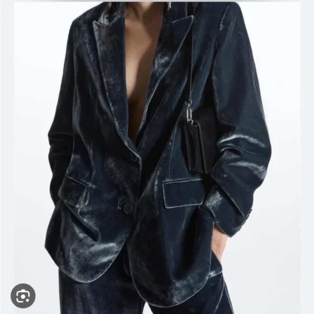 COS Crushed Velvet Silk Rayon Blazer Deep Blue Oversized Holiday Party Sz 10